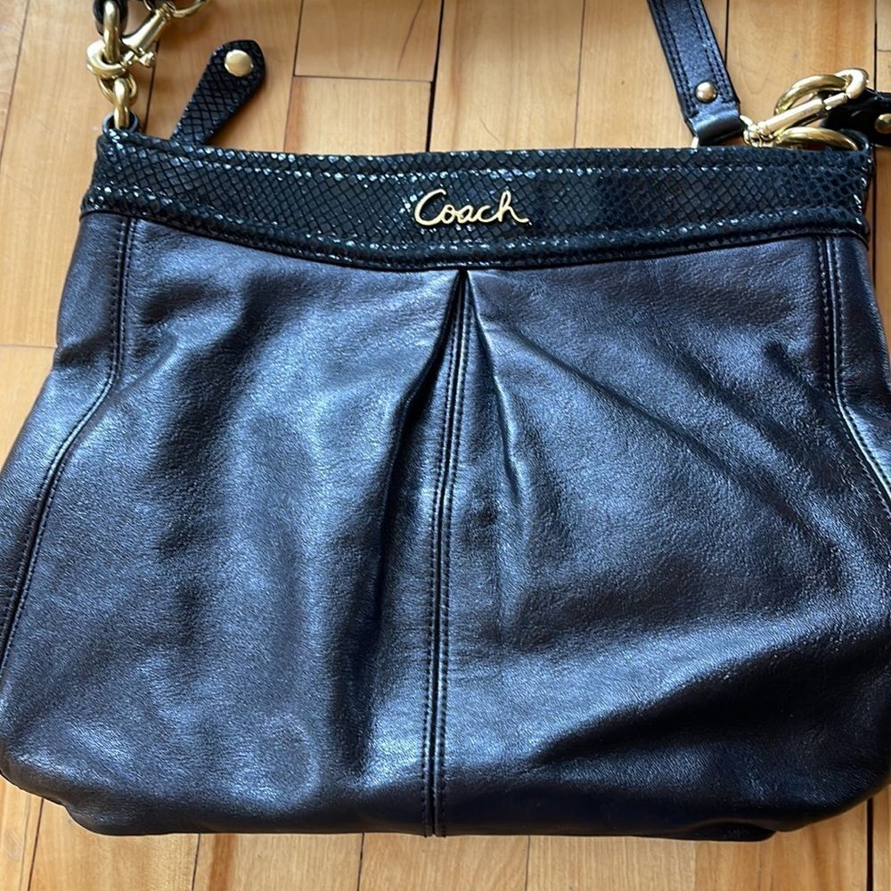 Coach Black Leather Python Edge Ashley Zip Closure 2- Strap Option Bag.